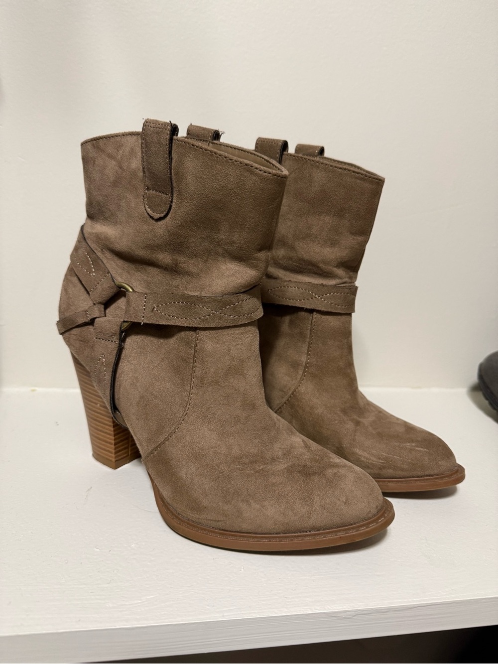 JustFab Taupe Suede Stacked Heel Ankle Boots